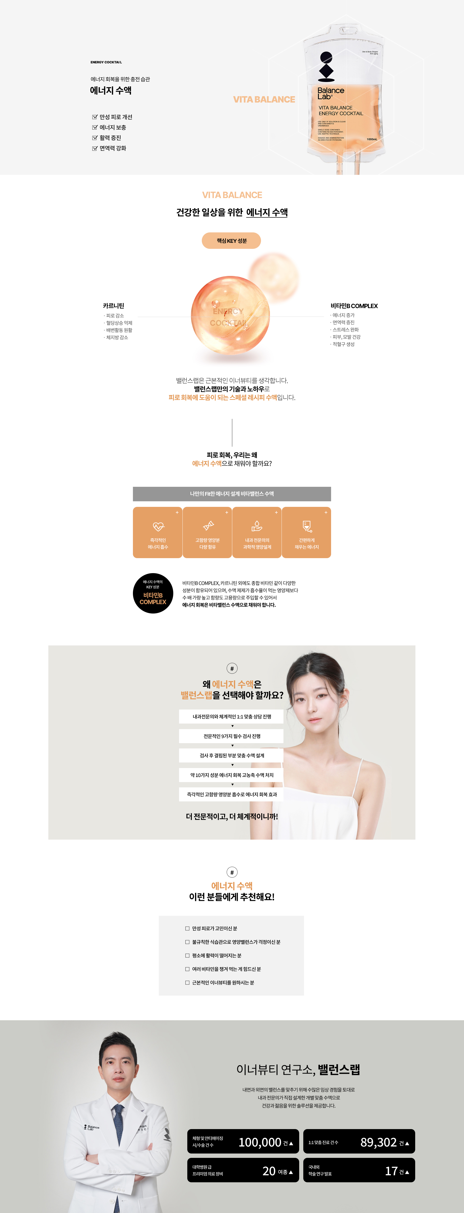 에너지 회복을 위한 충전 습관
[밸런스랩 에너지 수액]
▶ 만성 피로 개선, 에너지 보충, 활력 증진, 면역력 강화
▶ 혈당스파이크 방지로 인한 신체 밸런스 유지
▶ 카르티닌 : 피로감소 혈당상승억제 배변활동원활 체지방감소
▶ 비타민 B 콤플렉스 : 에너지 증가 면역력 증진 스트레스 완화 피부 모발 건강 적혈구 생성
▶ 근본적인 이너뷰티의 시작 밸런스랩다이어트클리닉 수액

